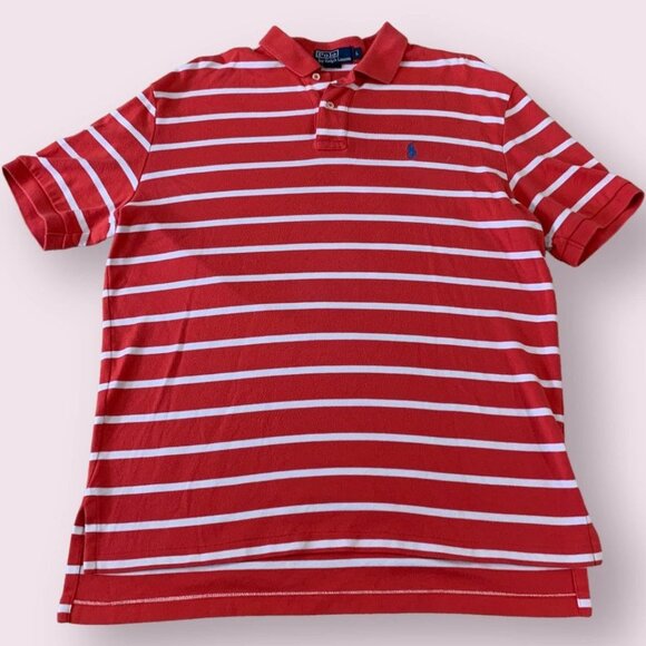 Polo Ralph Lauren Golf Shirt Mens Size Large Orange White Stripes Cotton Classic - Picture 1 of 5